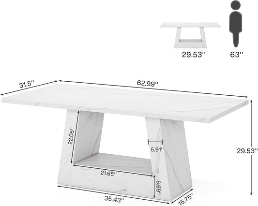 Modern Computer Desk, 63-Inch Large Office Desk Workstation, Simple Style Executive Desk Study Table with Sturdy Base, Wooden Faux Marble Writing Desk for Home Office, White