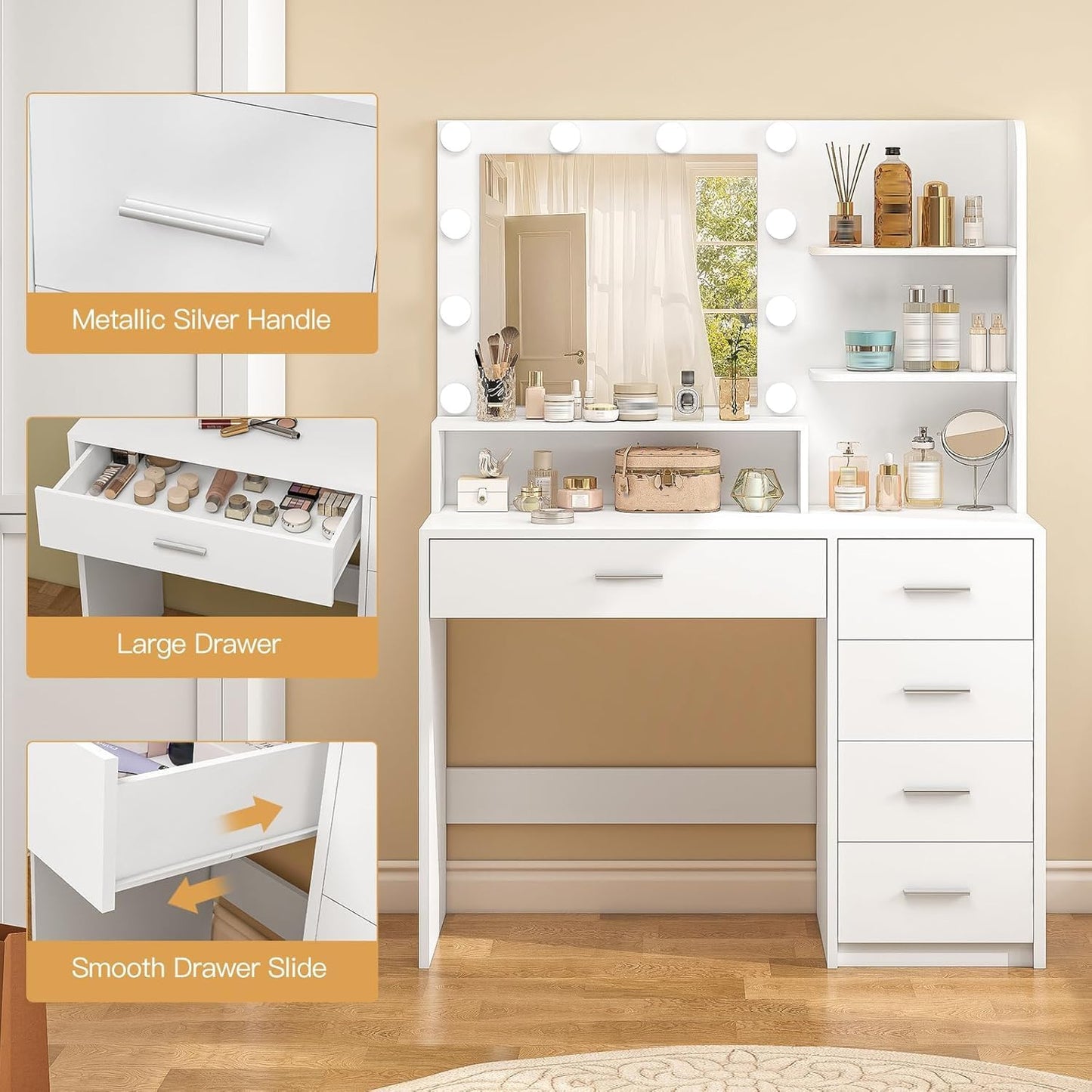 Makeup Vanity Desk with Mirror & Lights, Vanity Desk with 5 Drawers & Storage Shelves, Vanity Table, 3 Color Modes & Adjustable Brightness Dressing Table, Bedroom, White