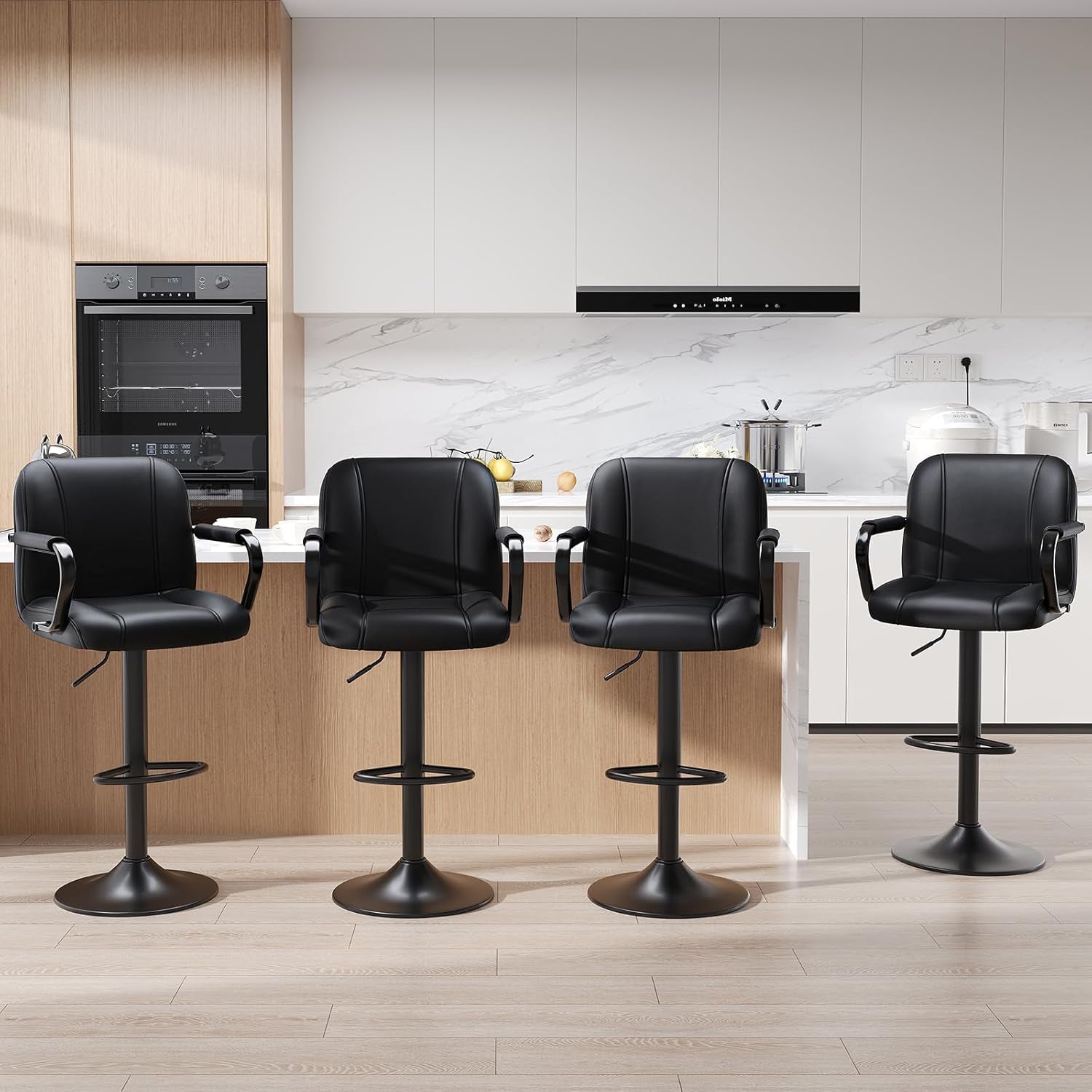 Set of 2 Modern Bar Stools with Backs - Adjustable High Chairs for Kitchen Island, Barstools for Home Bar, Island Stools, Sillas Altas Para Barra De Cocina, Black PU Leather