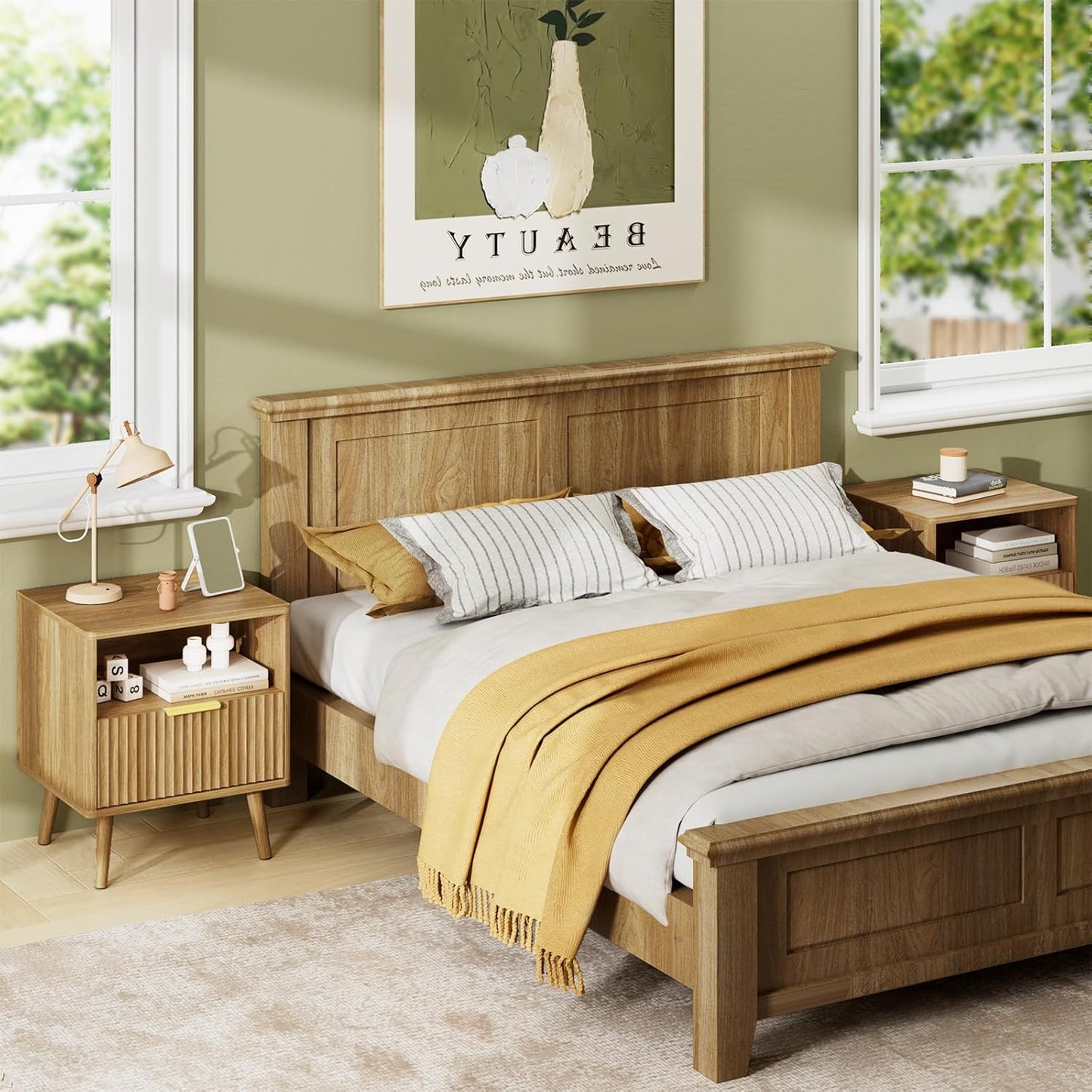 Fluted Dresser and Nightstand Set, 3 Pieces Bedroom Set, 55 Inch Wide 6-Drawer Dresser & 1-Drawer Nightstands Set of 2, Modern Dressers Set for Bedroom, Hallway, Natural Oak