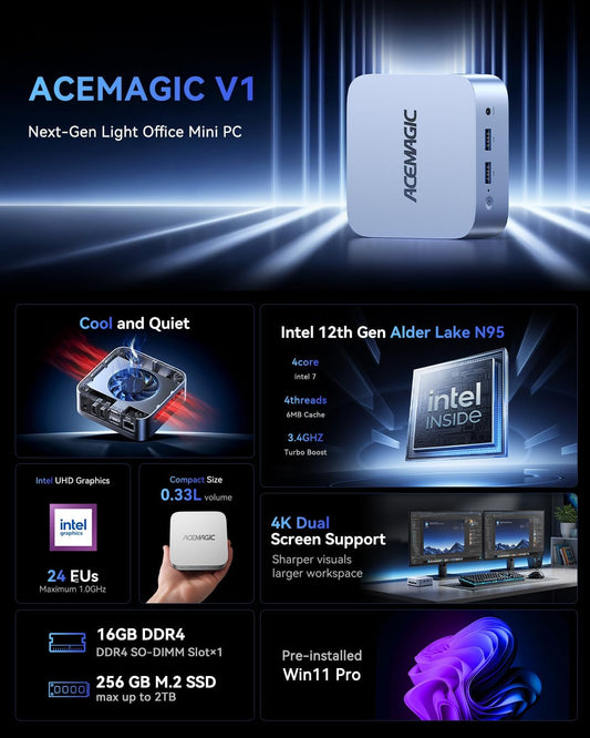 Mini Pc 11 Pro, Processor N95 (Beat N100/N150) up to 3.4 Ghz Mini Computers, 16GB DDR4 256GB SSD, 4K Dual Display Wifi BT VESA Micro Small Pc for Business and Home, Mini Desktop