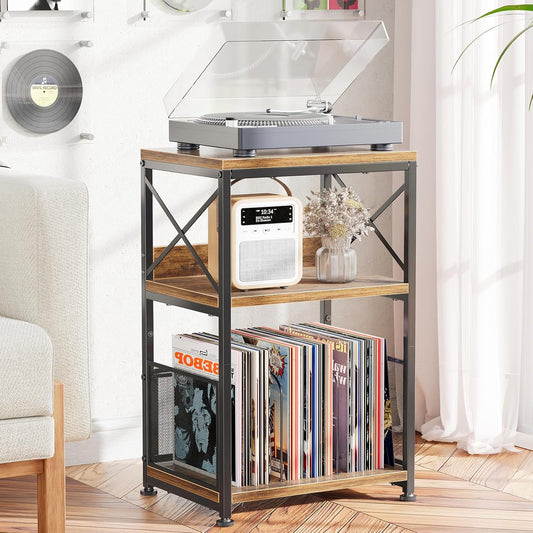 Record Player Stand, Turntable Stand with Storage Hold up to 100 Albums, Vinyl Record End Table for Living Room, Rustic Brown