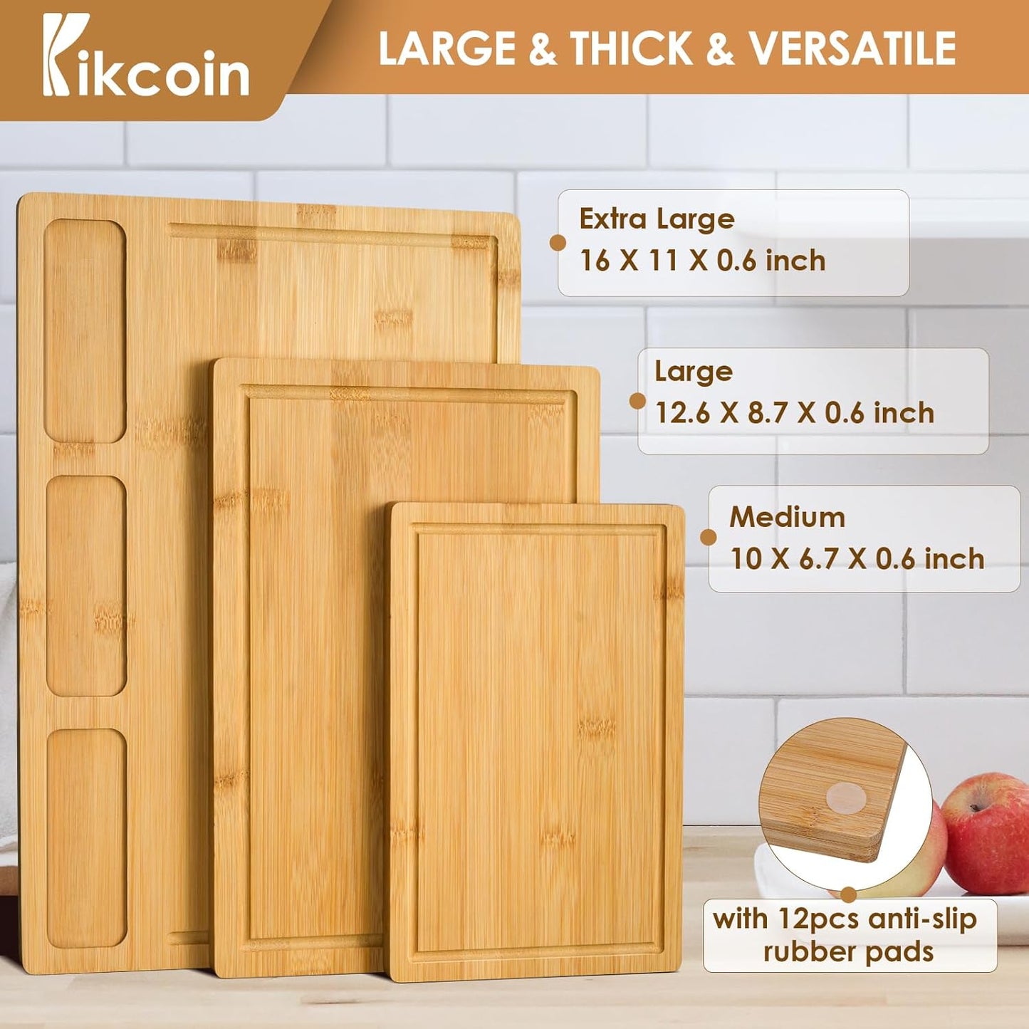 Bamboo Cutting Boards for Kitchen, (Set of 3) Kitchen Chopping Board with 3 Built-In Compartments and Juice Groove Heavy Duty Serving Tray Wood Butcher Block and Wooden Carving Board,