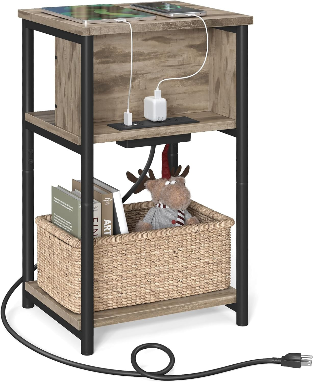 Side Table with Charging Station, 3-Tier End Table with USB Ports and Outlets, Nightstand for Living Room, Bedroom, 11.8 X 13.4 X 22.8 Inches, Plug-In Series, Camel Brown and Black