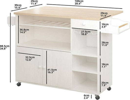 Rolling Kitchen Island Cart with Drop-Leaf and Wine Rack, Microwave Rack Serving Cart on Wheels with Drawer & Shelves & Spice Rack & Cup Hanging, White