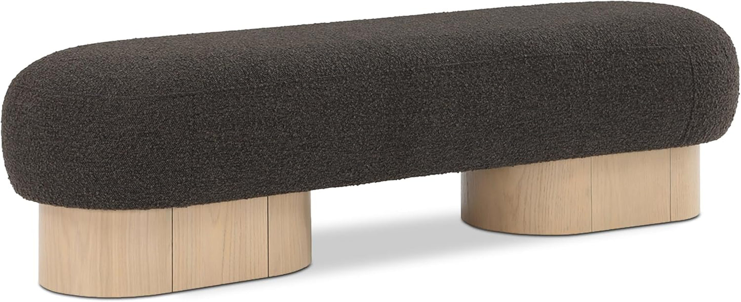 22001Brown Robertson Collection Art Deco Bench with Luxurious Brown Boucle Fabric and Rich Natural Oak Finish, 60.5" W X 18" D X 16" H, Brown