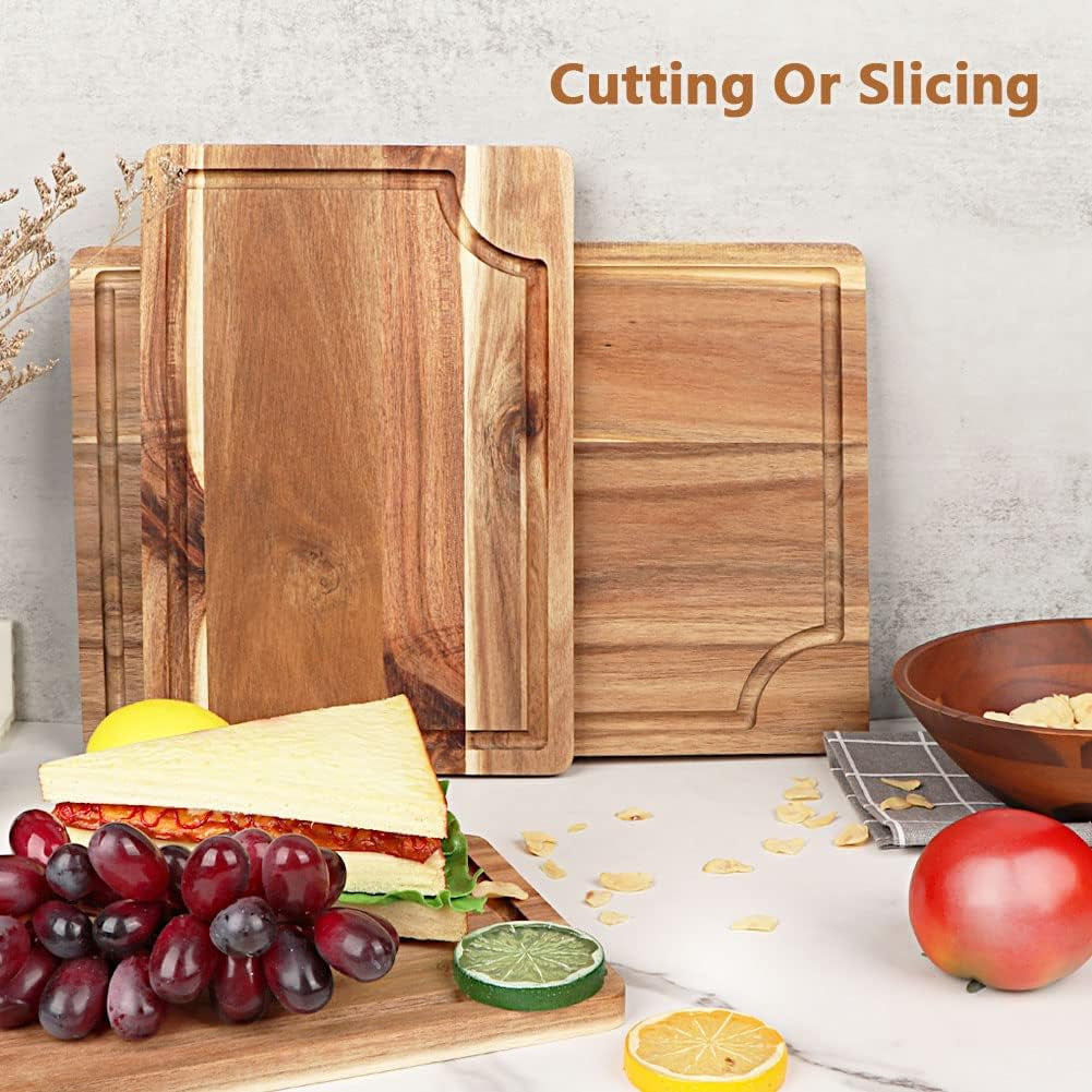 Acacia Wood Cutting Board Set with Juice Groove (3 Pieces), Organic Wooden Cutting Boards for Kitchen, Butcher Block Cutting Board for Meat, Vegetable, Wooden Chopping Board 15X10, 12X8, 9X6 Inch