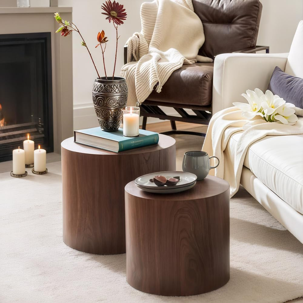Nesting Coffee Table Set of 2, Modern round Coffee Table with Non-Slip Feet, Walnut Wooden Circle Accent Tables for Small Spaces Living Room Bedroom Balcony Office Drum Side Table (Walnut)