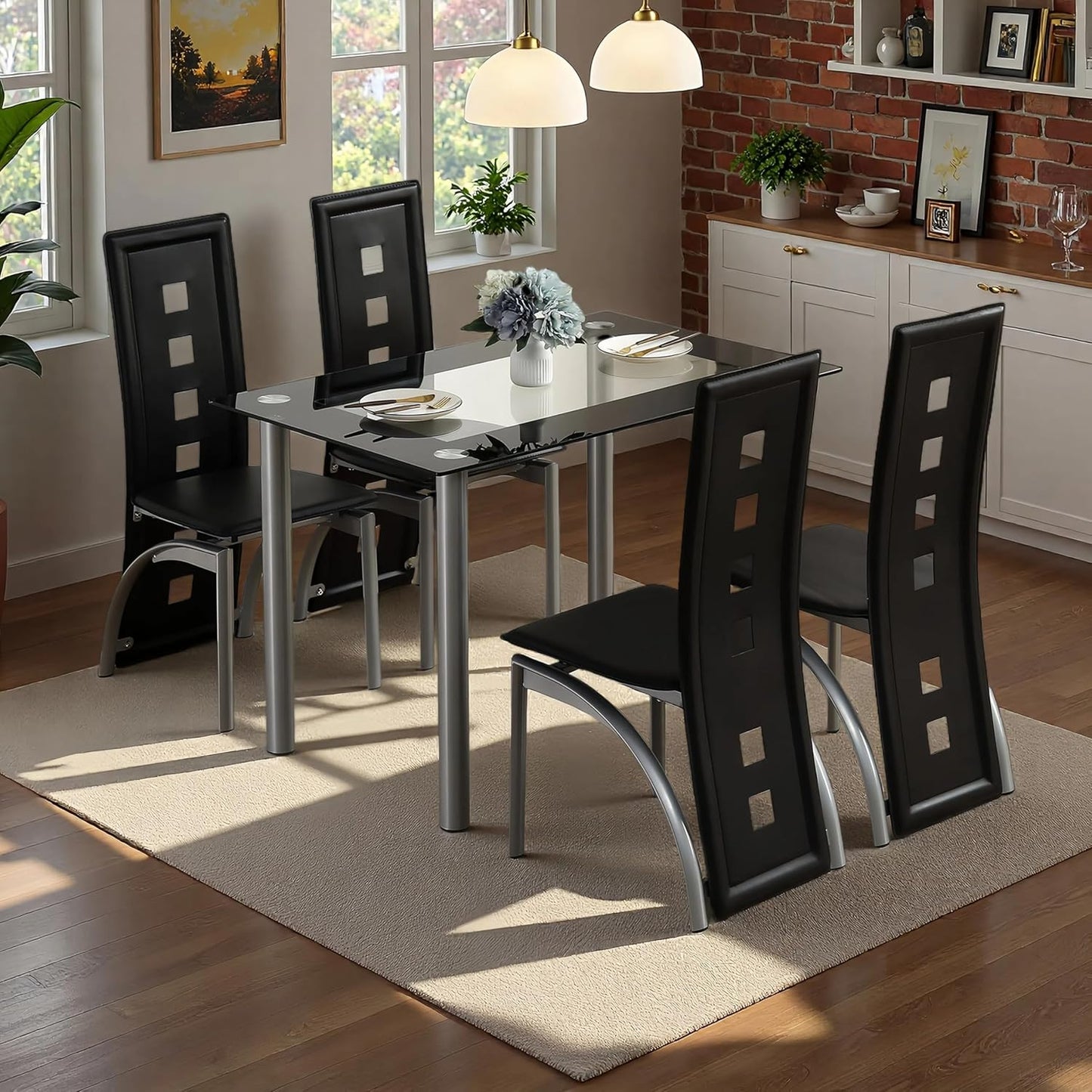 5-Piece Dining Table Set with 1 Glass Dining Table and 4 PVC Chairs, Modern Dining Table Set for Kitchen & Breakfast Dining Living Room, Space Saving