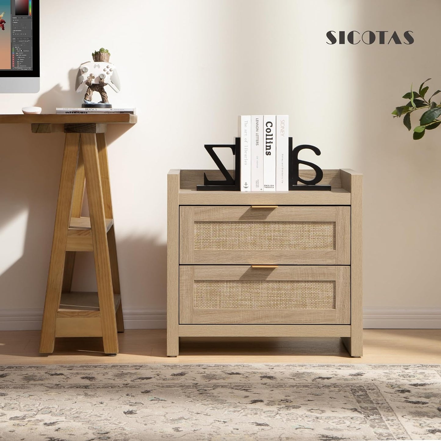 Rattan Nightstands Set of 2 Bedside Table - Bedroom Night Stand with Type-C Charging Station, 2 Drawers Storage - Boho Night Stands End Table for Bedroom Office - Light Oak
