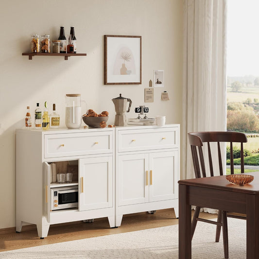 Metal Sideboard Cabinet, Buffet Storage Cabinet, Coffee Bar with Big Drawer and Adjustable Shelf for Kitchen, Dining Room, Living Room (White, 35.4" H-Sideboard)