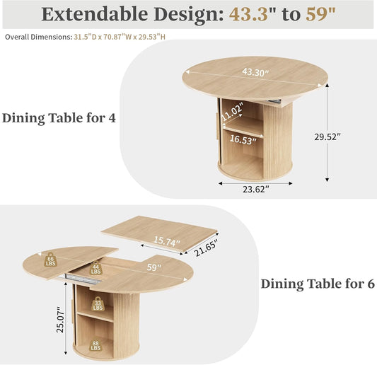 43"-59" Extendable round to Oval Dining Table with Hidden Storage, Modern Wooden Kitchen Table with Fluted Sliding Door Cabinet, Expandable Dinner Table for Dining Room Living Room (Natural)