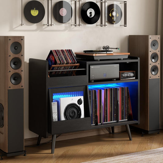 Upgraded Large Black Record Player Stand -Turntable Stand Shelf with with Power Outlet and LED Light,Vinyl Record Storage Cabinet up to 350 Albums,Wood Record Player Holder Table for Living Room
