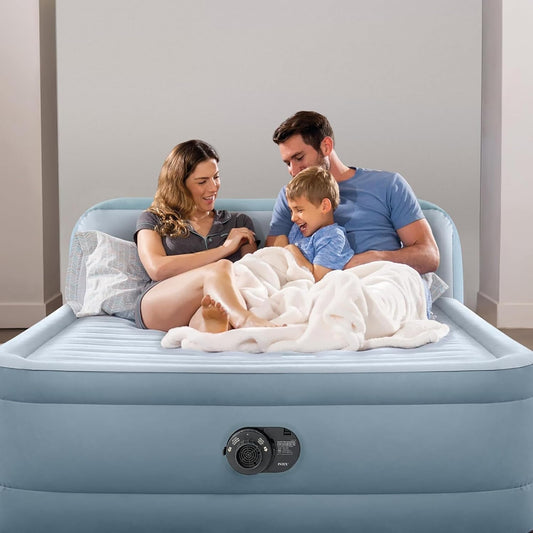 64449ED Dura-Beam Deluxe Plush Air Mattress with Headboard: Fiber-Tech - Queen Size - Built-In Electric Pump - 18In Bed Height - 600Lb Weight Capacity