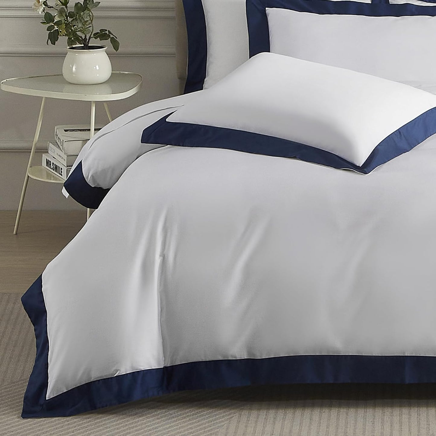 White cotton sateen king pillow shams with navy border, set of two, view 7