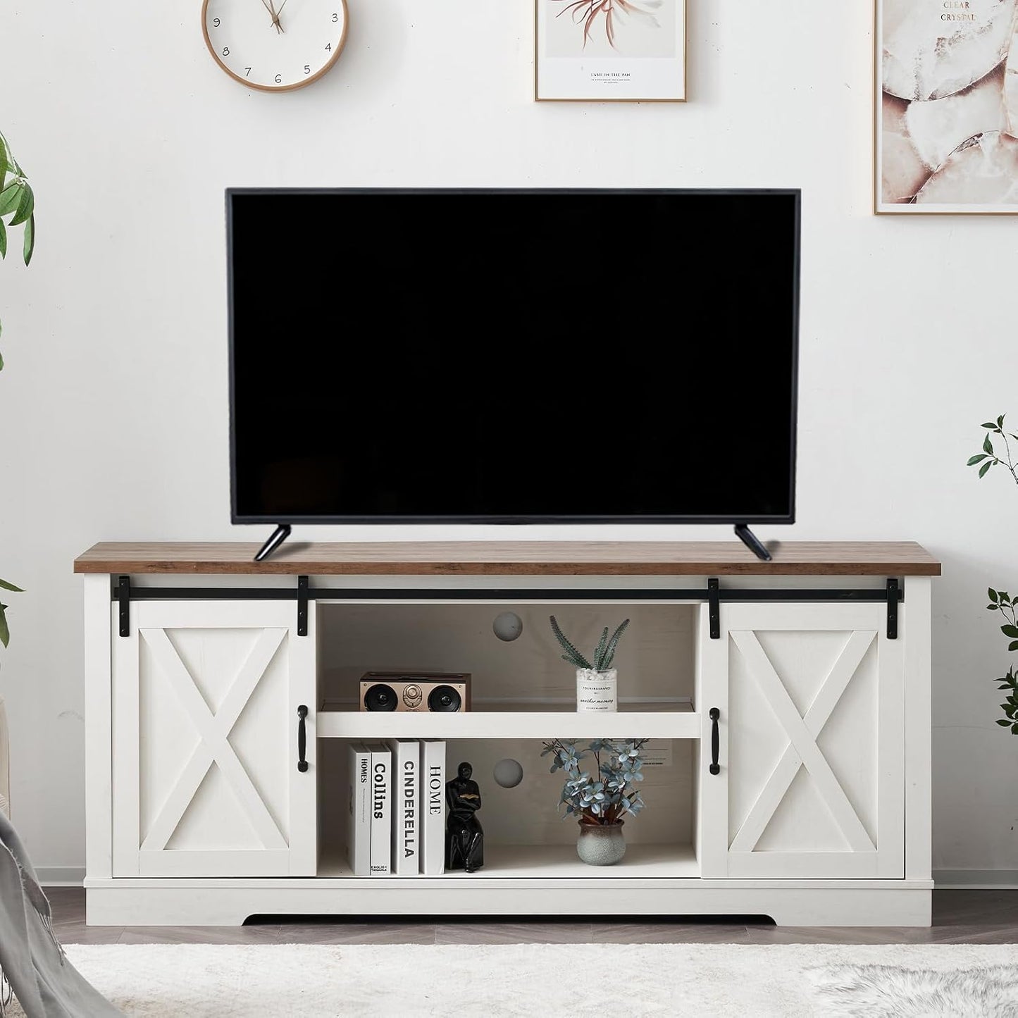 66" Farmhouse TV Stand for 75 Inches Tvs, Entertainment Center with Sliding Barn Door and Adjustable Shelf & Feet, Console Table with Storage, Distressed White & Rustic