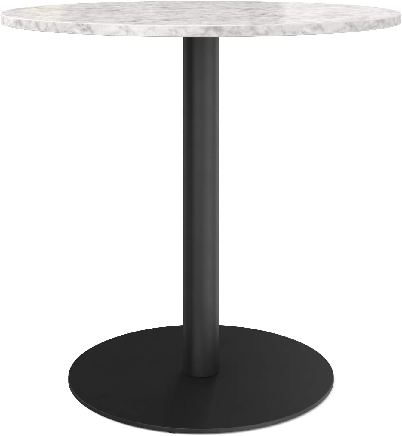 Bistro Lucy Small Mid-Century Modern Kitchen or Dining Table with Faux Carrara Marble Top and Brushed Metal Pedestal Base, Black, 31.5D X 31.5W X 29H In