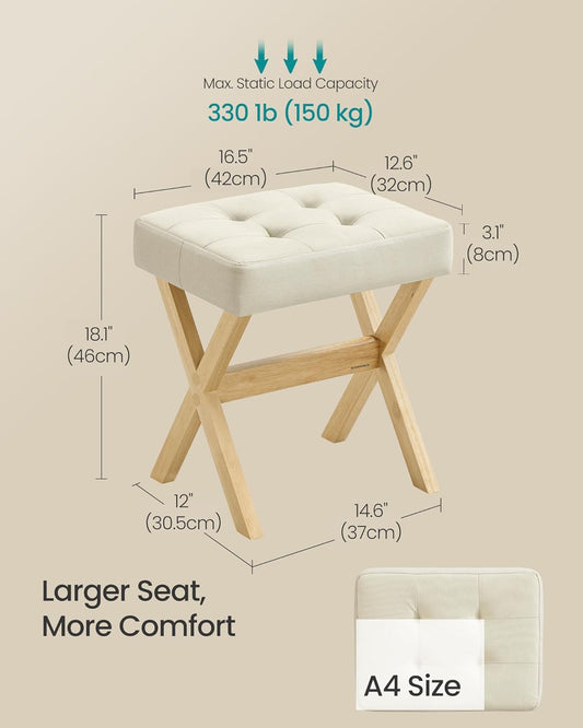 Makeup Stool, Padded Vanity Stool, Foot Rest, Solid Wood X Legs, for Bedroom, Closet, Entryway, 12.6 X 16.5 X 18.1 Inches, Summer Sand and Natural Beige ULSF006LF02