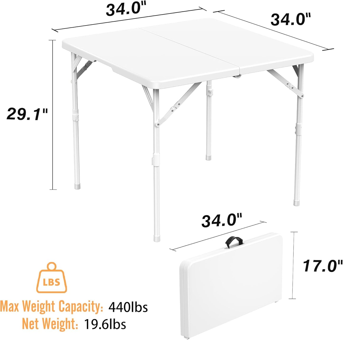 34'' Square Folding Card Table, Fold-In-Half Portable Plastic Dining Table with Carry Handle & 2 Heights for Picnic Party Commercial Events, White