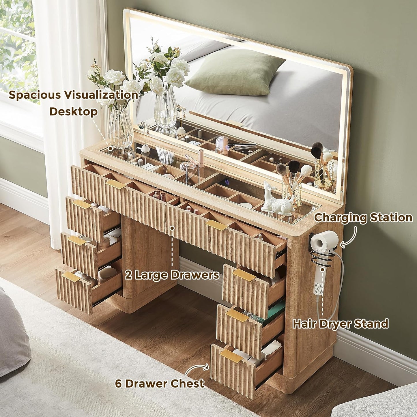 48" Fluted Makeup Vanity Desk with Large Led Lighted Mirror, Modern Vanity Table with 8 Drawers & Charging Station, Glass Top Dressing Table for Bedroom, Natural Oak