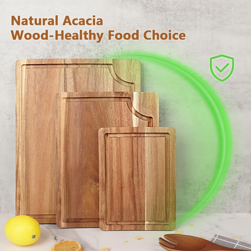 Acacia Wood Cutting Board Set with Juice Groove (3 Pieces), Organic Wooden Cutting Boards for Kitchen, Butcher Block Cutting Board for Meat, Vegetable, Wooden Chopping Board 15X10, 12X8, 9X6 Inch