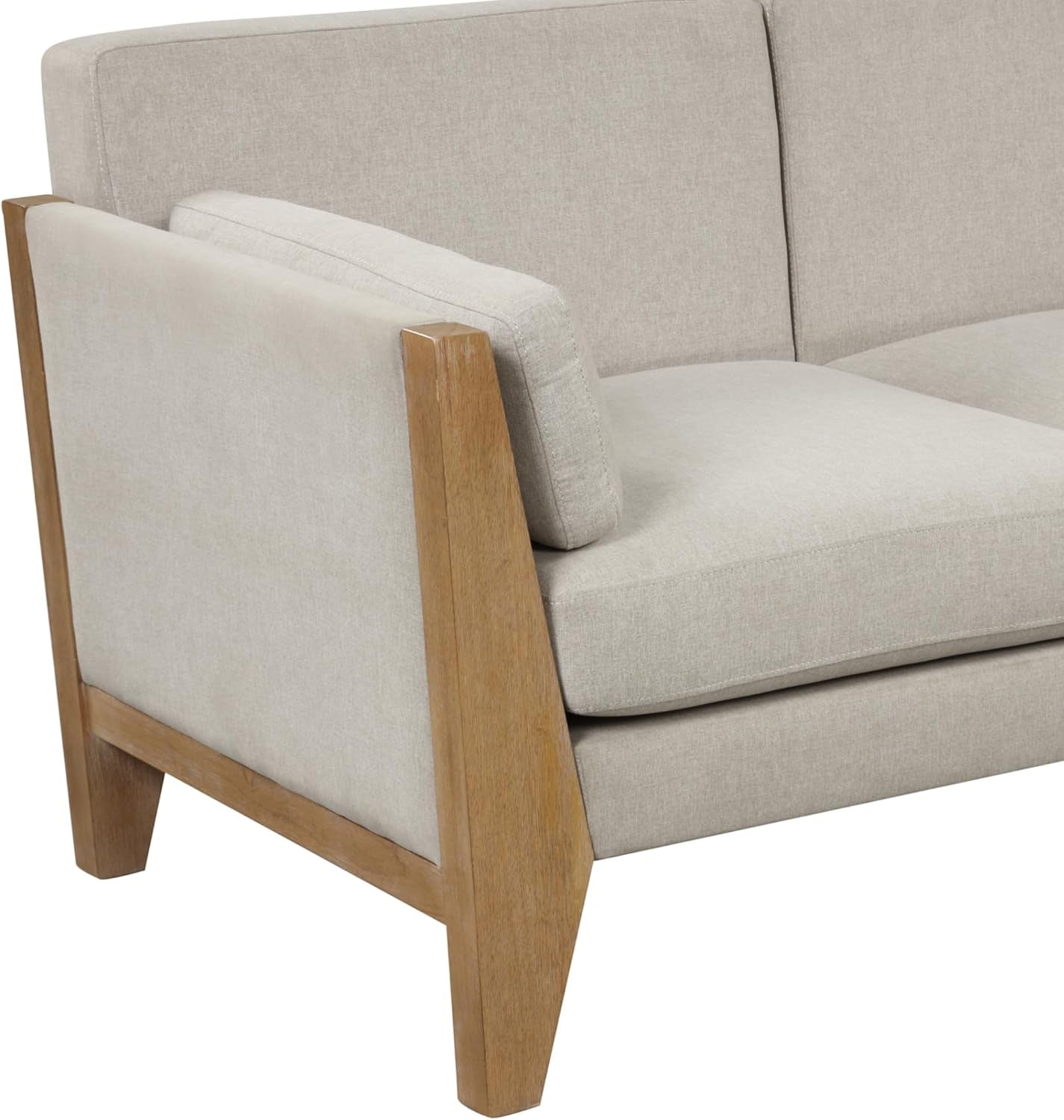 Zion 2-Seater Modern Farmhouse Sofa with Linen Upholstery and Solid Wood Arms, Sand/Light Brown Wood