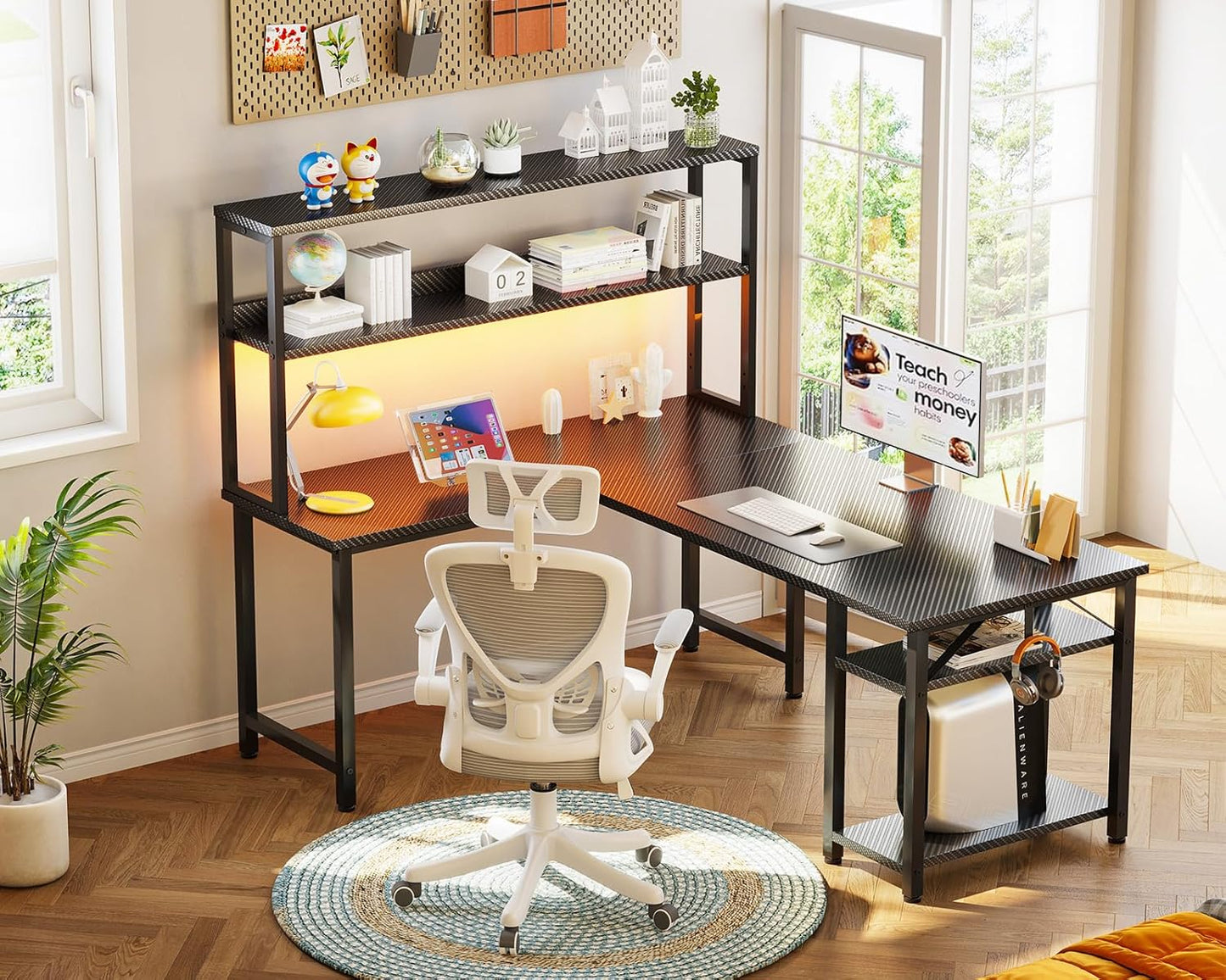 53" L Shaped Gaming Desk with Hutch & Headphone Hook, Corner Computer Table with Storage Shelves for Home Office, Black