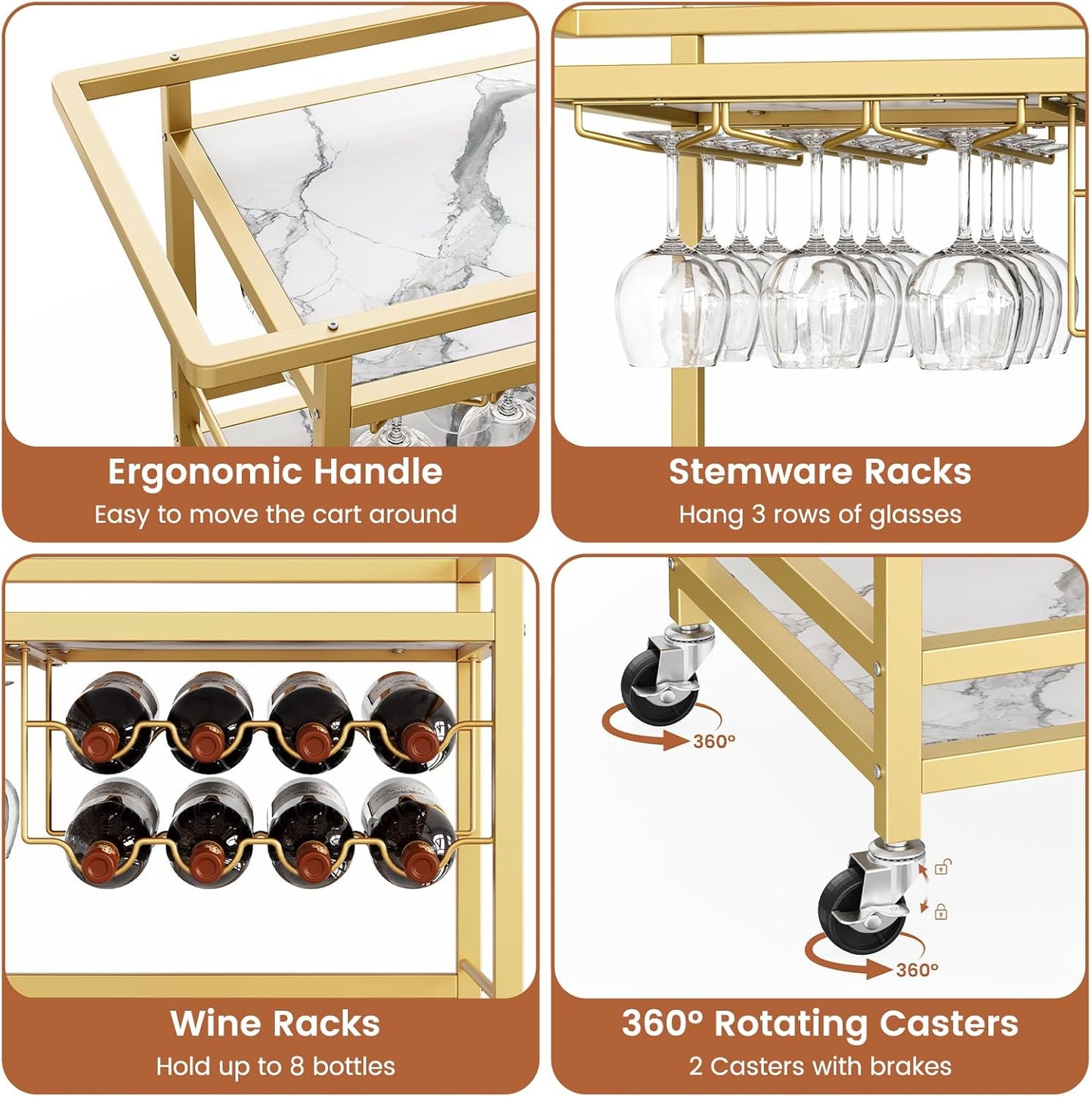 Bar Cart for Home, 3 Tier Gold Serving Rolling Carts with Wheels, Drink Cart, Liquor Stand with Marbled Wooden Shelves, Wine Rack and Glass Holder for Kitchen, Dining Room