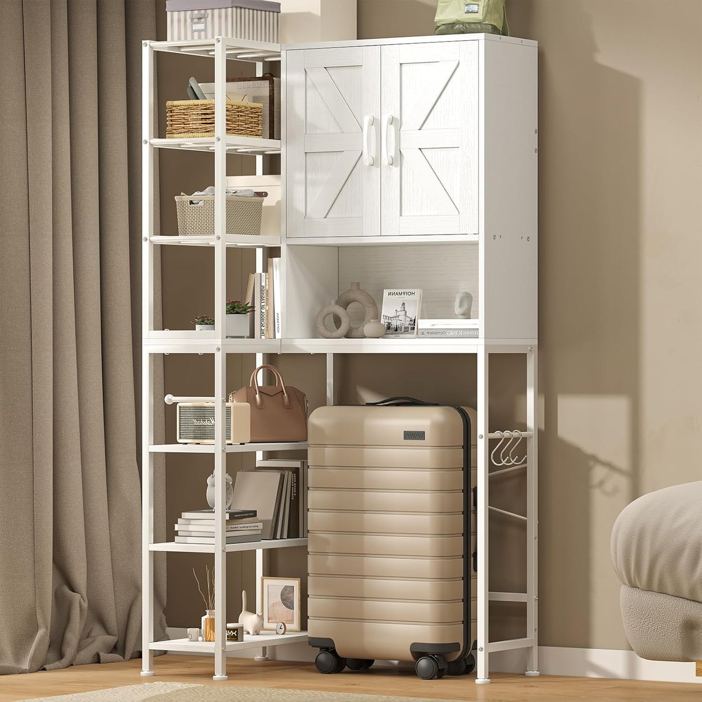 over the Toilet Storage Cabinet with Doors, 7 Tier over Toilet Bathroom Organizer with Adjustable Shelf, Freestanding Space Saver Toilet Rack with Paper Holder for Restroom, Laundry, White