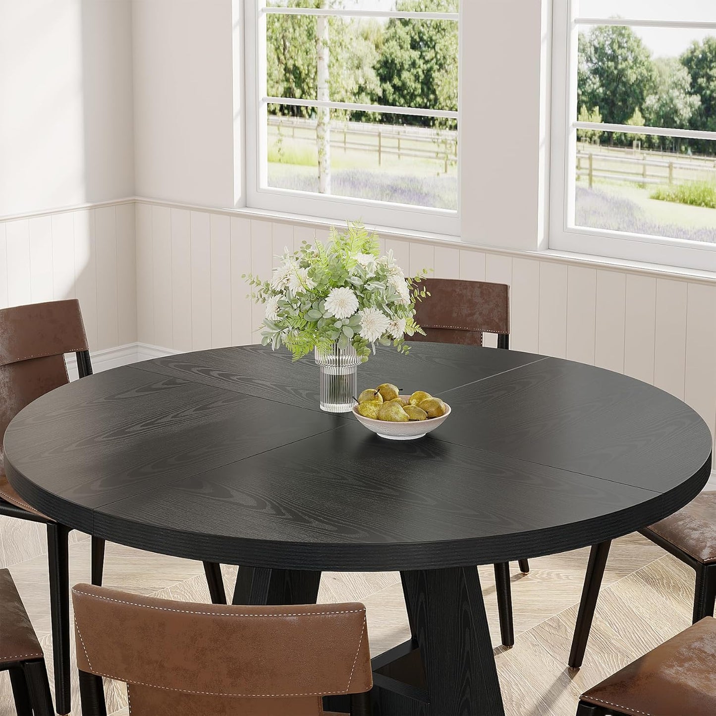 round Dining Table Wood Kitchen Table for Dining Room, 47 in Dinning Room Tables for 4 Man, Farmhouse Dinner Table with Wooden Tabletop and Cross Base, Black