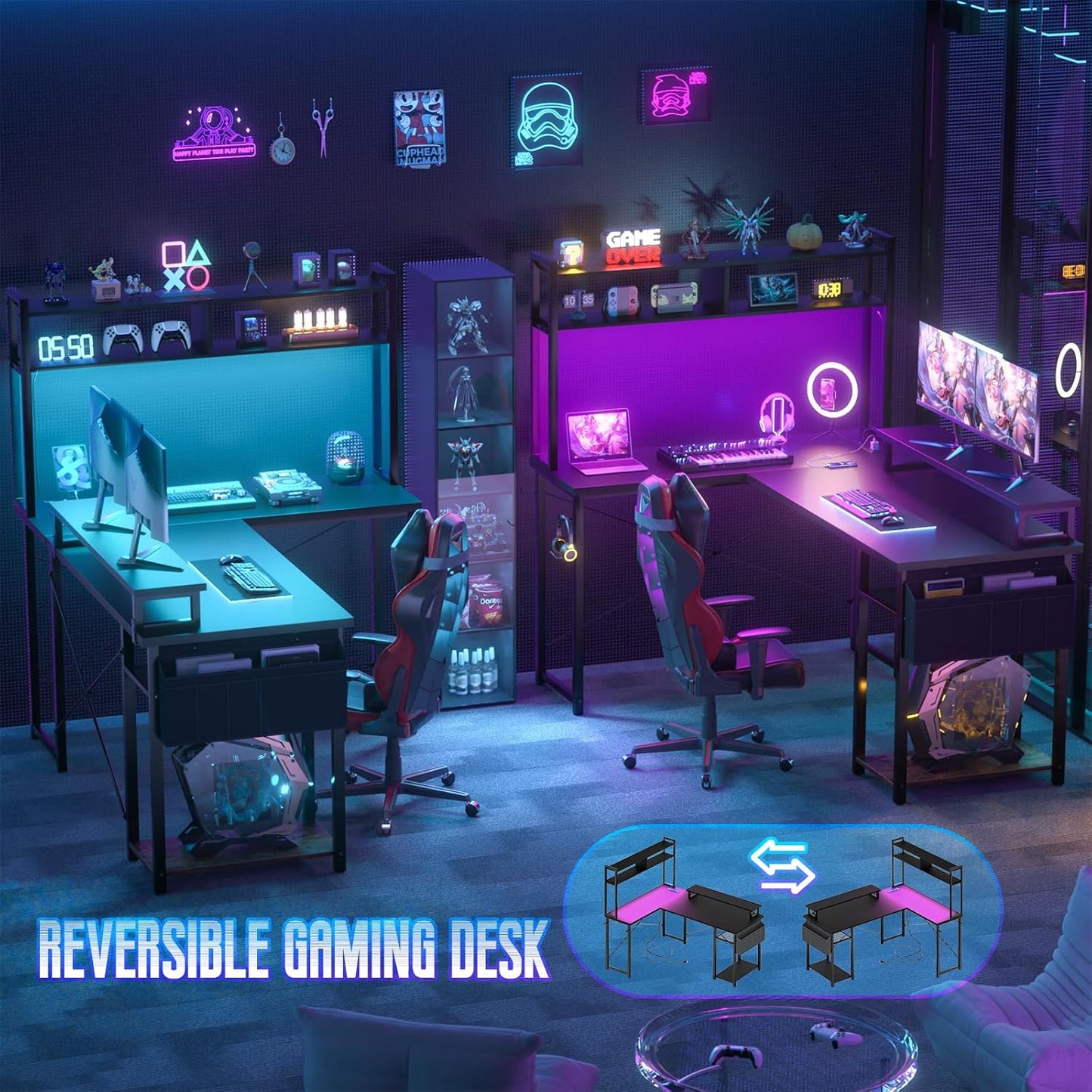 Black reversible L shaped LED gaming desk with monitor stand, view 7