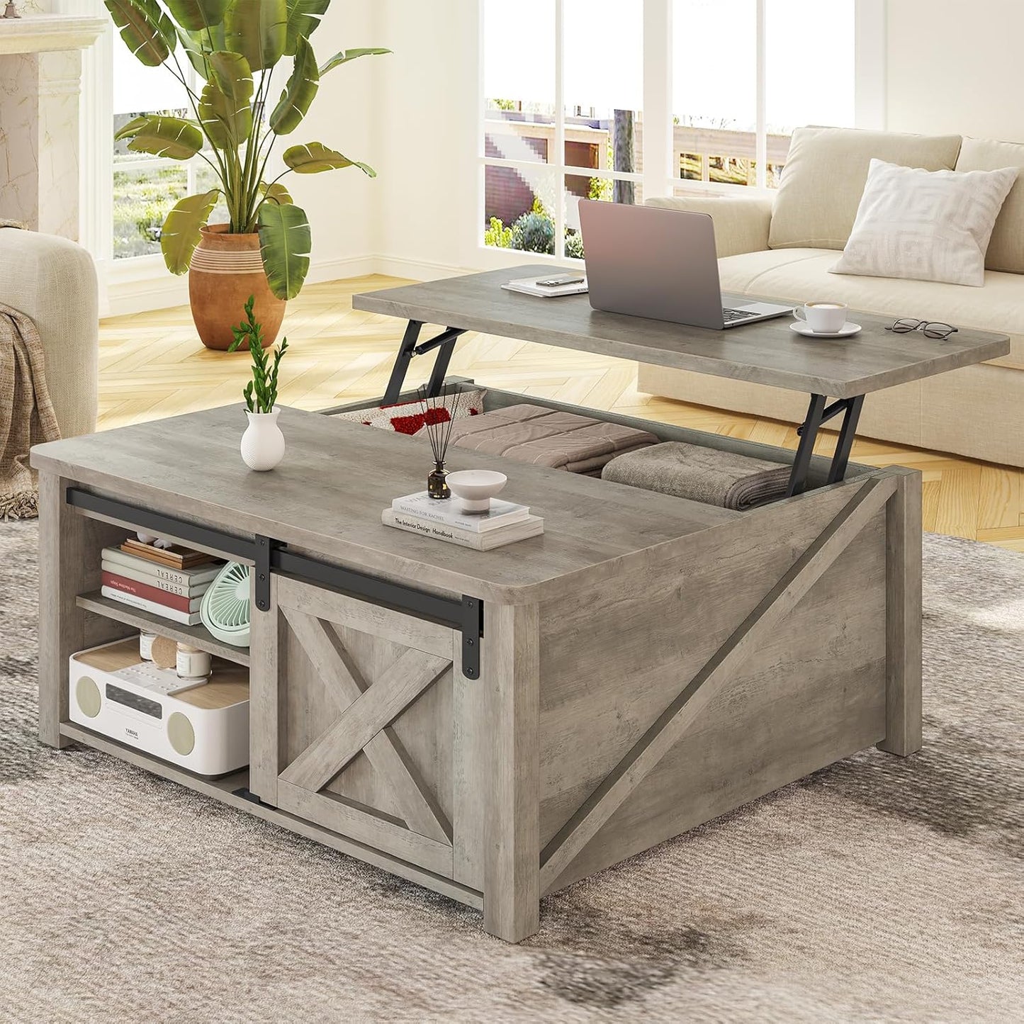 Grey square lift top coffee table with hidden storage and adjustable shelves, view 9