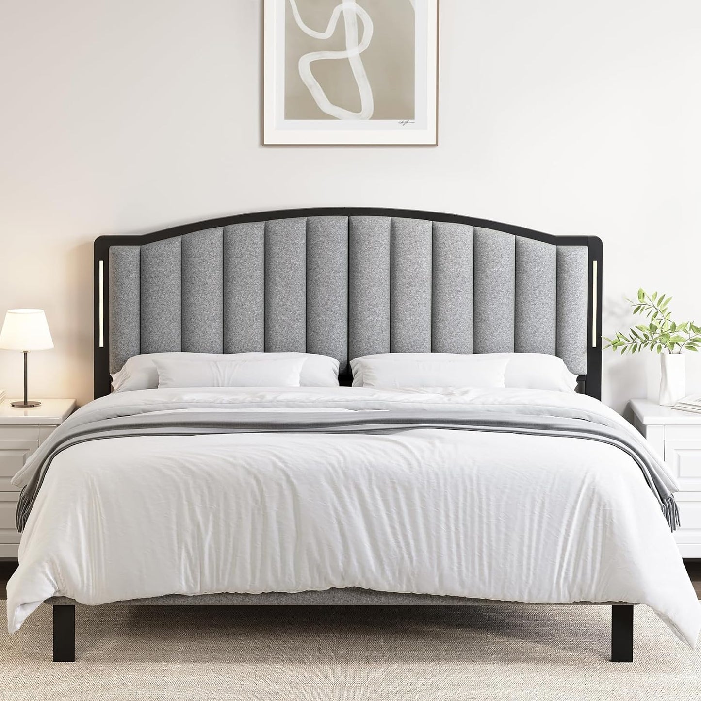 Headboard for Queen Size Bed with LED Lights, Upholstered Vertical Channel Tufting Head Boards, Linen Fabric Bed Headboard Only, Attach Frame, Ideal for Bedroom, Dorm, Guest Room, Grey