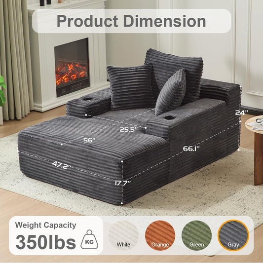 66" Oversized Chaise Lounge Sofa Chair Indoor, Modern Corduroy Single Sleeper Couch Chair with 3 Soft Pillows&Cup Holder, Boneless Cloud Couch Single Seat Sofa Bed for Living Room Office (Dark Grey)