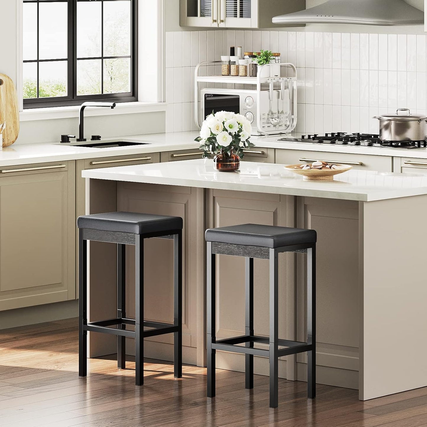 Bar Stools, Set of 2 Bar Chairs, 24.8-Inch Height Stools, Breakfast Bar Stools, Kitchen Stools, 2" Thick Upholstery, for Kitchen, Dining Room, Cafe, Bar Counter, Black BB21BY01