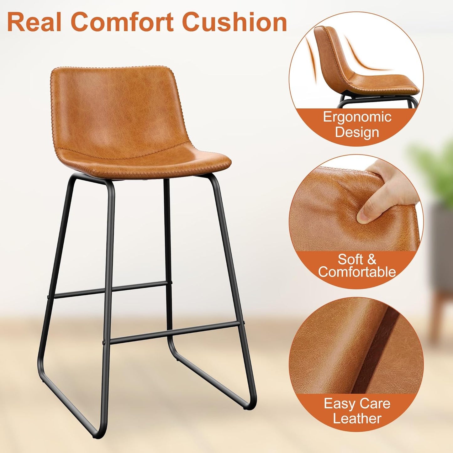 Bar Stools Set of 4, PU Leather Counter Height Bar Stools, 26" Modern Barstools with Metal Legs and Footrest, Urban Armless Dining Chairs with Backrest for Kitchen Island (Brown)
