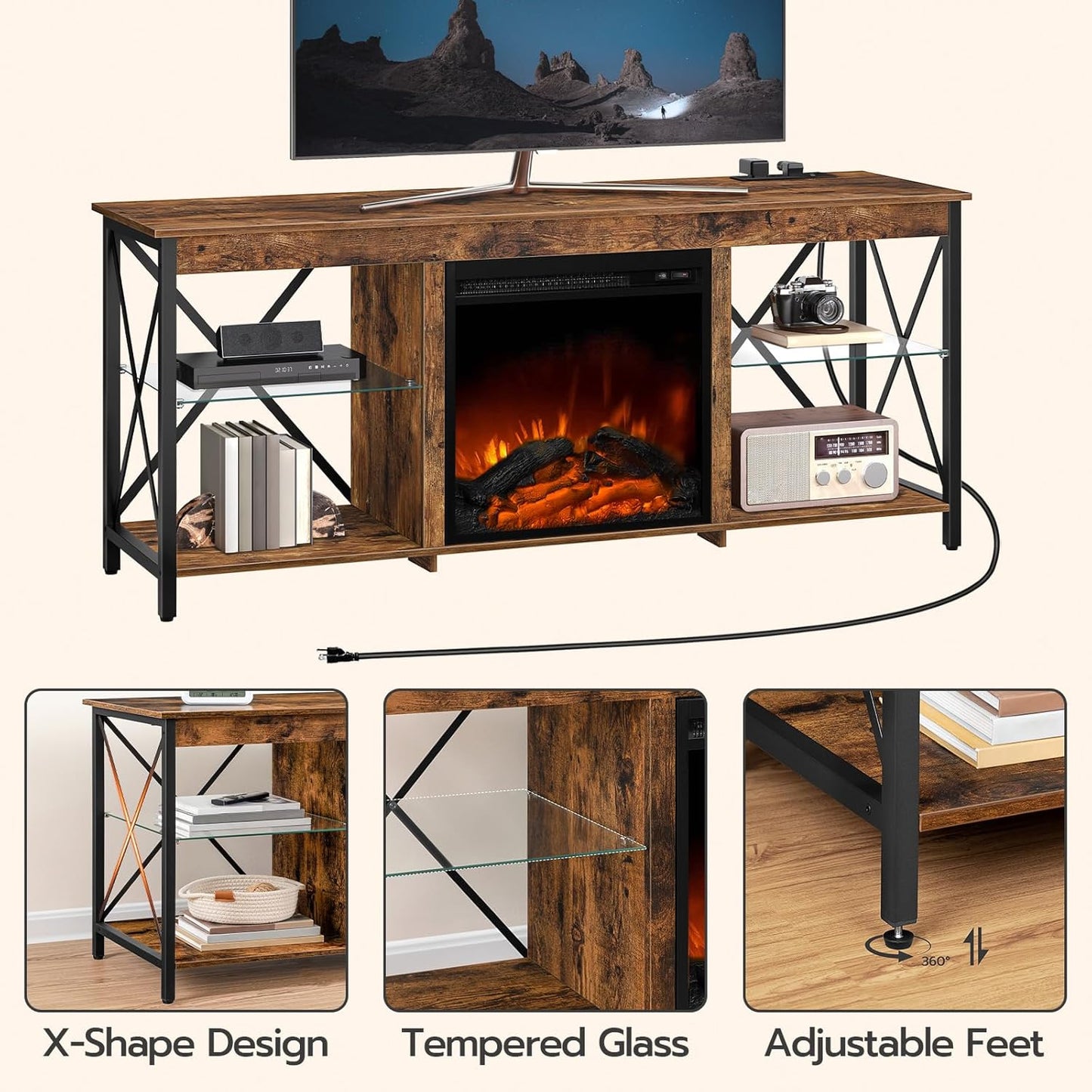 Rustic brown fireplace TV stand with charging station and glass shelves, view 9