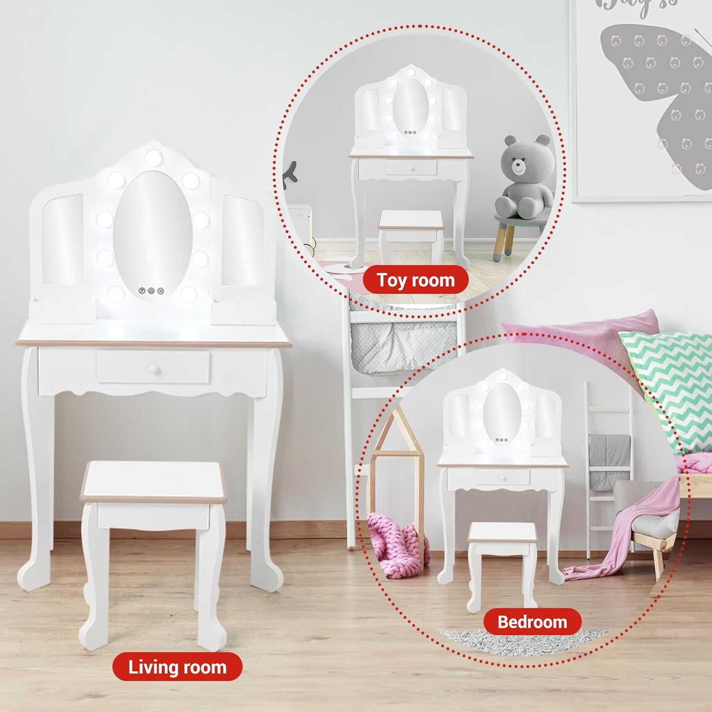 Kids Vanity Table and Chair Set with Light, Girls Vanity with Mirror, Drawer and Pretend Playset, Wooden Princess Makeup Desk Dressing Table, Toddler Vanity (Batteries Not Included)