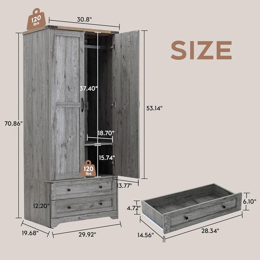 Armoire Wardrobe Closet with 2 Modern Doors, 71" Tall Freestanding Closet Wardrobe Cabinet with Drawers and Hanging Rail, Light Wooden Storage Cabinet with Shelve for Bedroom (Grey, 2 Doors)