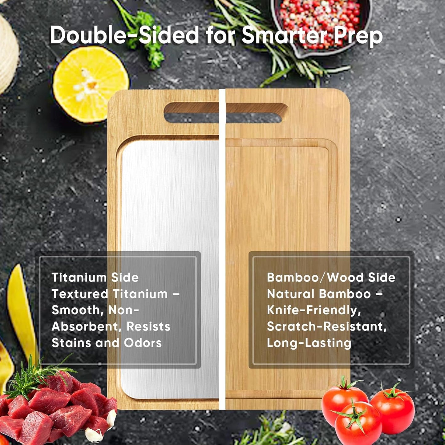 Titanium Cutting Board, Double Sided Titanium/Bamboo Wood Large Chopping Boards with Juice Groove Cutting Pads for Meat, Vegetables and Fruits