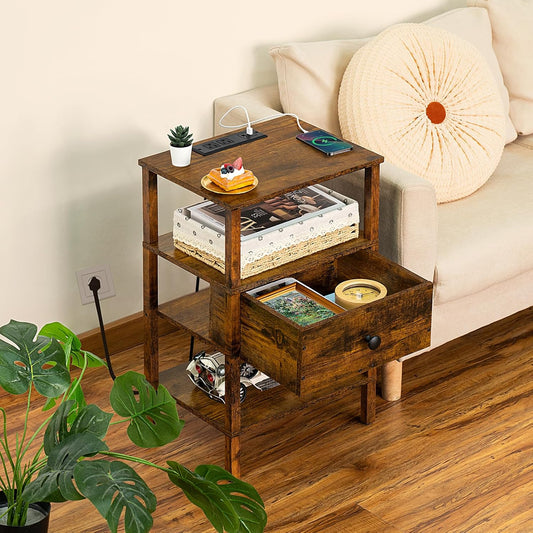 Nightstand with Charging Station and USB Ports, 3-Tier Storage End Table with Drawer Shelf, Night Stand for Small Spaces, Wood Bedside Table for Living Room, Bedroom - Retro Brown…