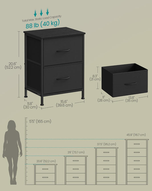 Dresser for Bedroom, Chest of Drawers, Nightstand, Steel, MDF, 2 Non-Woven Fabric Drawers, Storage Organizer Unit, Closet, Entryway, Ink Black and Ebony Black ULGS312B01S