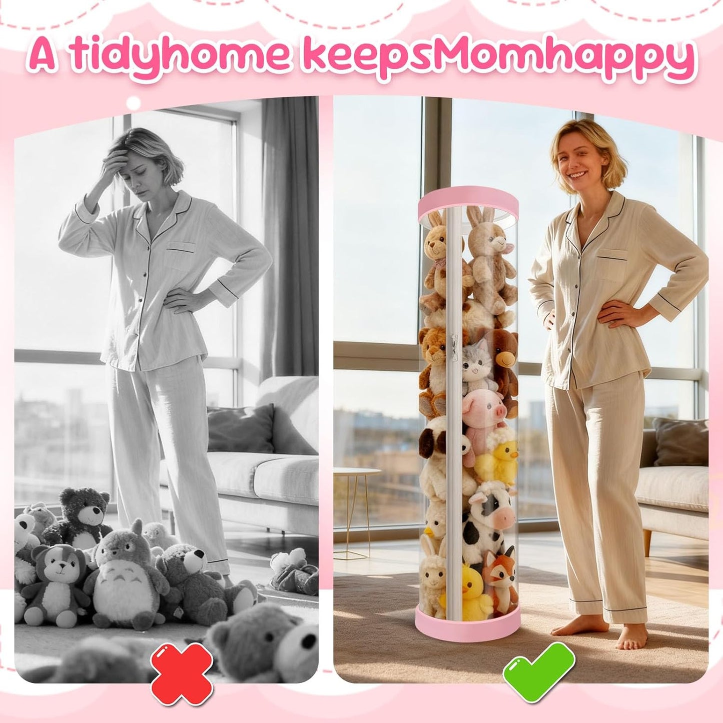 Upgraded Stuffed Animal Storage Tube, 47.24" Tall Stuff Animal Organizer with Double Zipper, PET Transparent Bucket, Space-Saving Animal Zoo Storage for Kids Room (Pink)