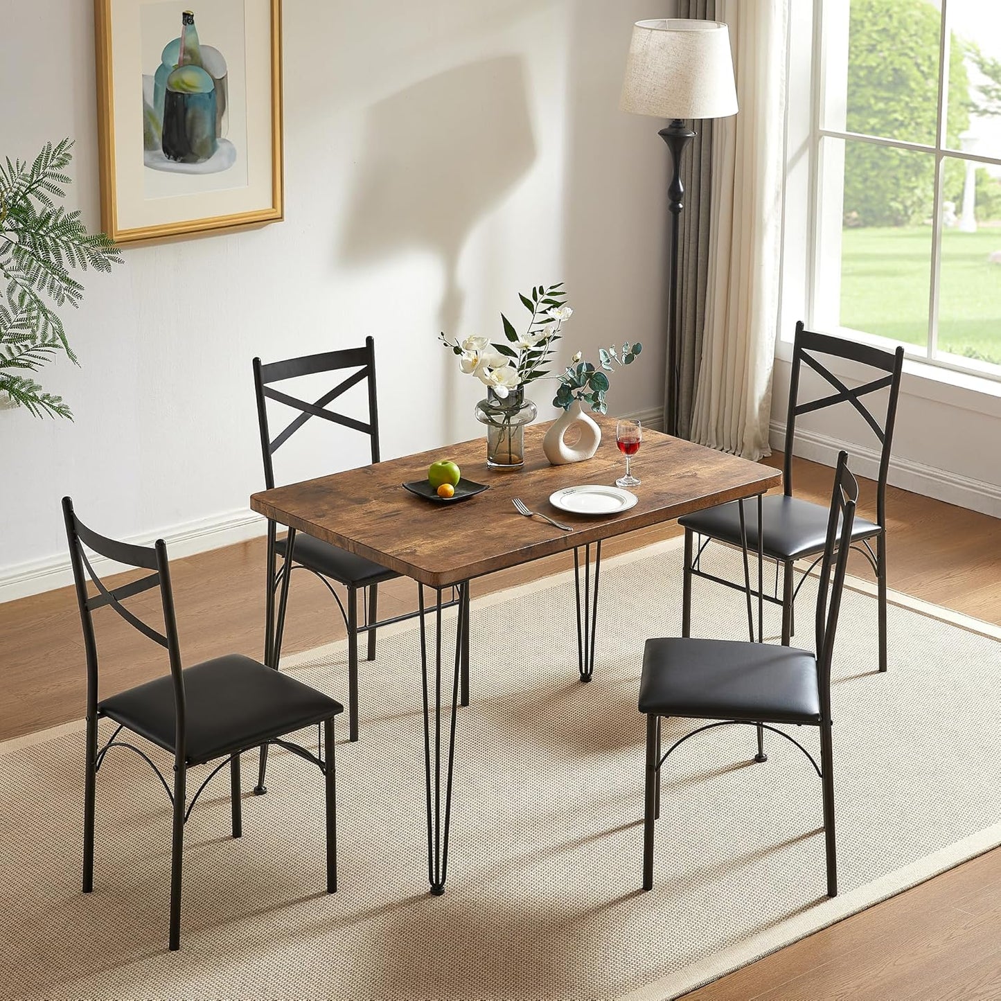 5-Piece Dining Table Set for Home Kitchen Small Space Breakfast Nook, 4 Faux Leather Metal Frame Chairs, Retro Brown