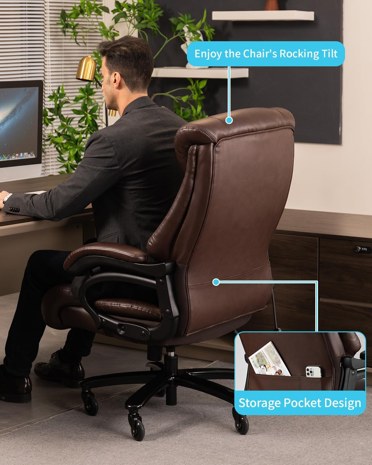 800Lbs Executive Office Chairs, Big and Tall Desk Chair with Adjustable Lumbar Support, Office Chair for Heavy People, Leather Computer Chair with Quiet Rubber Wheel and Extra Wide Seat