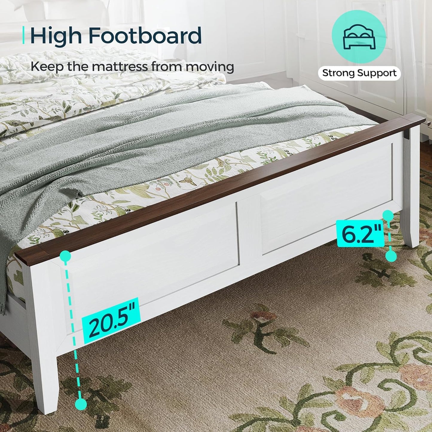 Farmhouse Bed Frame, Full Bedframe with Headboard and Footboard, Wooden Bed Frame with Solid Wood Slats, Rustic White Platform Bed Frames Full Size, No Box Spring Needed