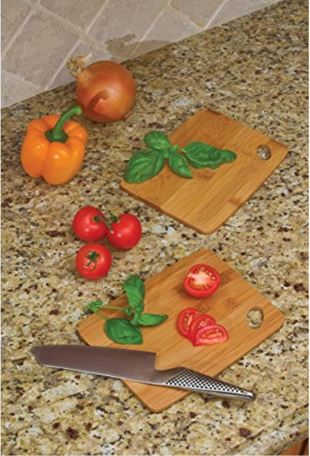 Bamboo Wood Thin Kitchen Cutting Boards with Oval Hole in Corner, Set of 2 Boards, 6" X 8" X 0.25"