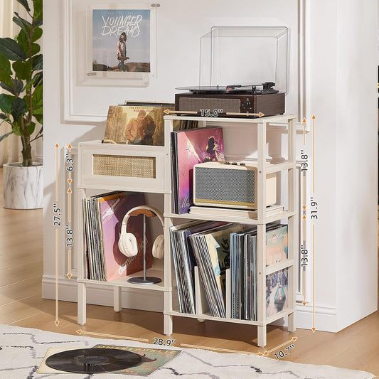 Record Player Stand, White Cream Oak Wood Record Holder with Vinyl Storage Holds up to 300+ Albums, 3-Tier Rattan Media Table with Vinyl Display Shelf, Record Storage Cabinet for Living Room