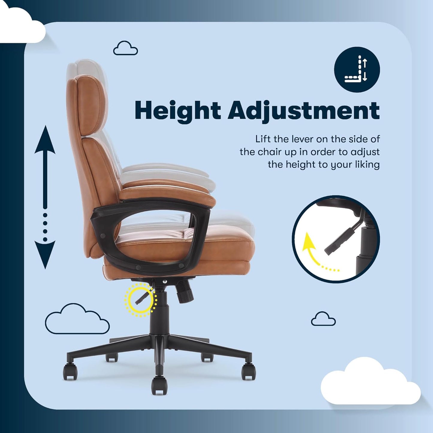 Comfort Executive Mid-Back Officechair, Semi Plush Cushion Seat, Padded Armrests, quality Foam, Metal Swivel Base, Ergonomic Computer Deskchair for Home or Office, Bonded Leather, Cognac