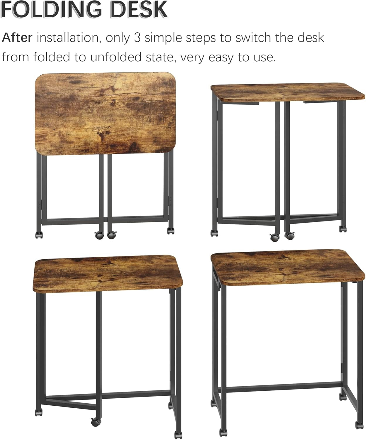 23.6" Mobile Small Rolling Computer Desk, Folding Laptop Cart Table with Wheels, Portable Office Desk for Small Space Couch Bed - Rustic Brown and Black